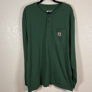 Carhartt Green Relaxed Fit Henley Long Sleeve Workwear Outdoor Tee Shirt Size XL